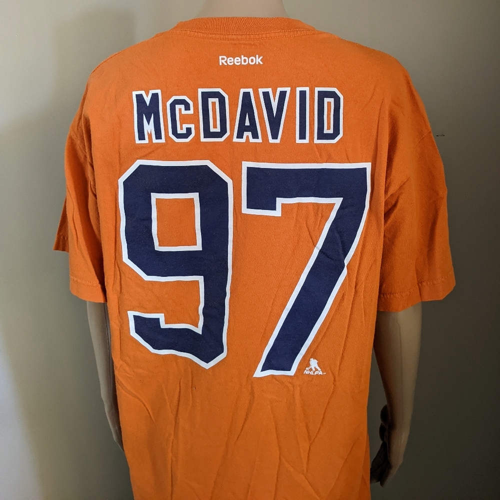 Reebok NHL Oilers McDavid 97 Orange Tshirt, Men's Large